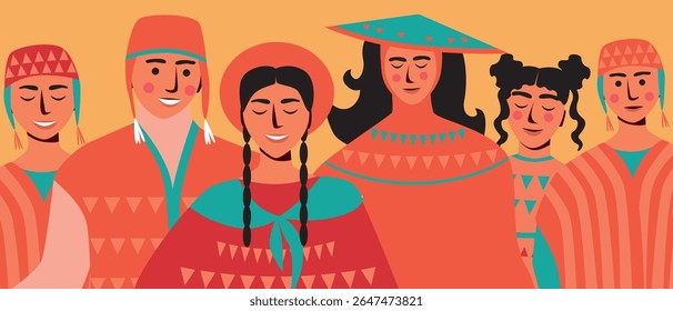 BIPOC people in traditional clothes in Latin America or Peru, flat vector stock illustration with Indigenous people as a concept of experiencing local culture and traditions for sstkTravel