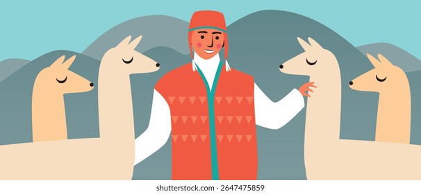 BIPOC person in traditional clothes with alpaca as latin america travel concept, flat vector stock illustration as experiencing local culture concept for sstkTravel