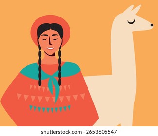 Adolescente BIPOC com lhama ou alpaca, ilustração de stock de vetor plano com caráter tradicional sul-americano para sstkTravel