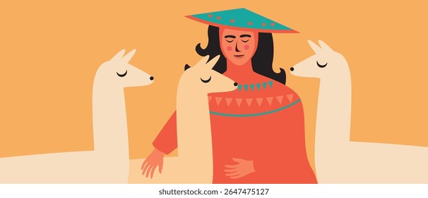 BIPOC woman with alpaca as indigenous people of latin america, flat vector stock illustration as a concept of experiencing local culture while traveling for sstkTravel