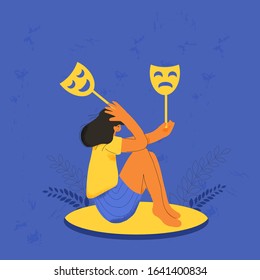 Bipolar affective disorder concept. Psychological issues. Young person sitting on the floor with masks. Female character with special needs. Vector flat illustration.