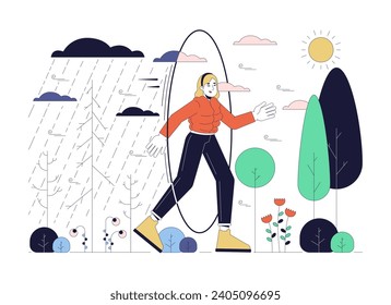 Bipolar disorder 2D linear illustration concept. Transit from rainy days to sunny weather woman cartoon character isolated on white. Seasonal depression metaphor abstract flat vector outline graphic