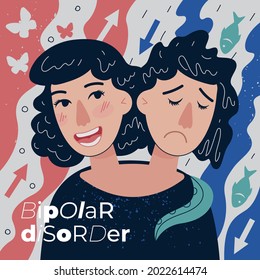 Bipolar disorder abstract banner. Visualization psychedelic human emotion mania, depression and abnormally elevated mood. Manic mental health issues. Psychiatry and psychology illness vector poster