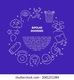 Banner de desorden bipolar con marco redondo en línea. Enfermedades mentales, afiche de trastorno de humor con lugar para el texto. Ilustración vectorial.