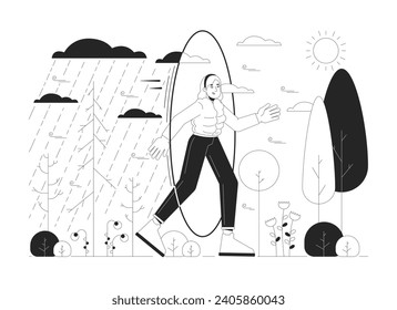 Bipolar disorder black and white 2D illustration concept. Transit from rainy days to sunny weather woman cartoon outline character isolated on white. Seasonal depression metaphor monochrome vector art