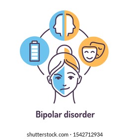 Bipolar disorder color line icon on blue and yellow background. Insane person. Symptoms: Increased energy, activity and anxiety, mania. Vector isolated illustration. Editable stroke.