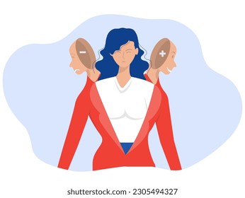  Concepto de trastorno bipolar Las mujeres de negocios confundieron diferentes máscaras con síndrome de impostores alegres y tristes, caras falsas y emociones. vector mental psicología Ilustrador