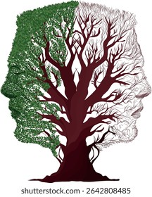 Conceito de transtorno bipolar com árvore facial humana semiverde e seca mostrando contraste de saúde mental
