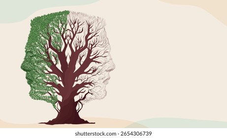 Bipolar disorder concept. Human face tree half green and dry showing mental health contrast. Banner