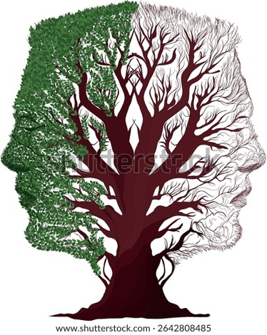 Bipolar disorder concept with human face tree half green and dry showing mental health contrast