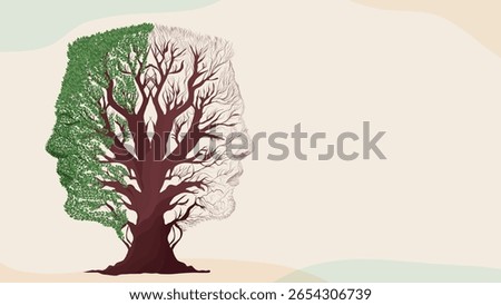 Bipolar disorder concept. Human face tree half green and dry showing mental health contrast. Banner