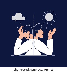 Bipolar disorder concept. Man suffers from mood swings, showing mania and depression period. Split personality, Manic depression, Mental disorder, bipolarity for web design. Flat vector illustration