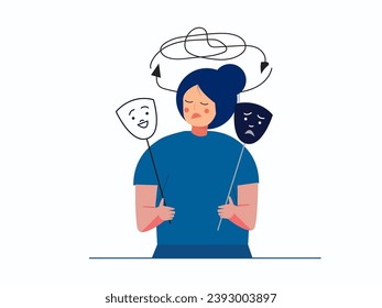 Concepto de trastorno bipolar. La mujer muestra dos máscaras faciales con un humor feliz e infeliz. Aislado en blanco. depresión maníaca, enfermedad bipolar, trastorno mental para la web, diseño de carteles. ilustración vectorial