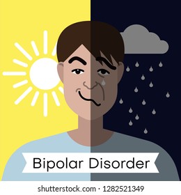 Bipolar Disorder Concept. Young Man With Double Face Expression And Mental Health Weather Concept. Vector Illustration