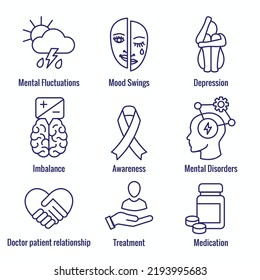 Trastorno bipolar o depresión Juego de iconos BP que muestra síntomas de salud mental
