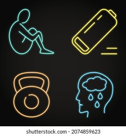 Bipolar disorder, depression phase neon icon set. Vector illustration.