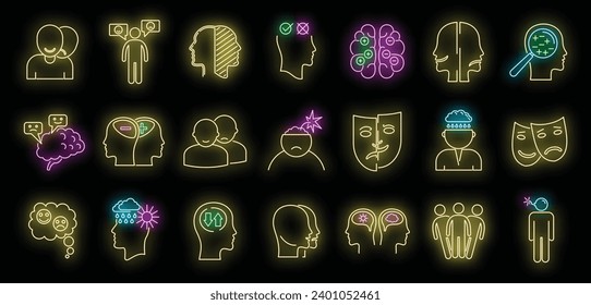 Bipolar disorder disease icons set. Outline set of bipolar disorder disease vector icons neon color on black