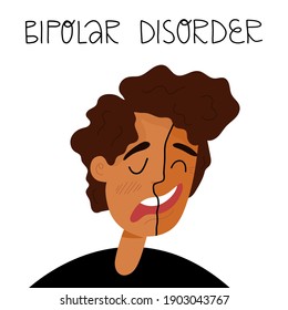 Bipolar disorder, an dissociated, split personality concept vector illustration. Alternating manic behavior, euphoria and depression, a man's face divided by two polar states of mood.