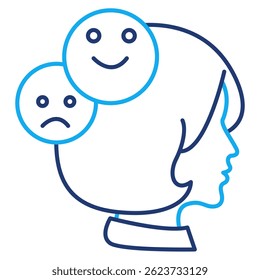 Bipolare Störung Symbol dargestellt durch Kopf, Emoticon, Lächeln, traurige Dual-Line-Stil.
