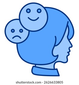 Ícone de transtorno bipolar representado por cabeça, emoticon, sorriso, triste estilo azul.