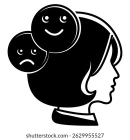 Ícone de transtorno bipolar representado por cabeça, emoticon, sorriso, estilo preto preenchido triste.