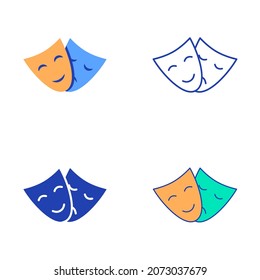 Bipolar Disorder Icon Set In Flat And Line Style. Smiling And Sad Theatre Masks. Mood Change Symbol. Vector Illustration.