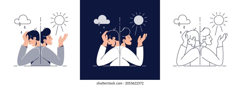 Bipolar disorder illustration set. Man suffers from mood swings, split mania and depression period. Manic depression, Mental mood disorder concept collection for web, banner design. Modern flat vector