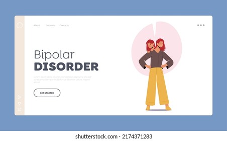 Bipolar Disorder Landing Page Template. Female Character with Brain Mental Disease. Woman with Two Heads Express Positive and Negative Emotions. Psychological Sickness. Cartoon Vector Illustration