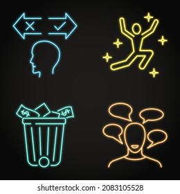 Bipolar disorder, mania or hypomania phase neon icon set. Vector illustration