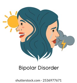 Bipolar disorder metaphor vector isolated. Illustration of a mental disorder, sad and happy person. Mood swings.