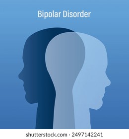 Bipolar disorder mind mental. Double face. Split personality. Concept mood disorder. Dual personality concept. Two head silhouette. Mental health, psychology. Emotional highs and lows. flat vector