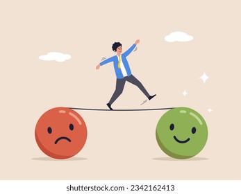 Bipolar disorder or mindful thinking concept. Relaxation make anxiety or stressed to happy, optimistic relief or metal illness therapy, depressed man walk the line from sadness to smile face.