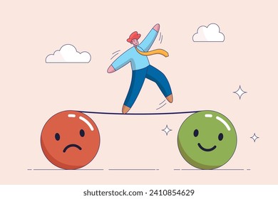 Bipolar disorder or mindful thinking concept. Relaxation make anxiety or stressed to happy, optimistic relief or metal illness therapy, depressed man walk the line from sadness to smile face.