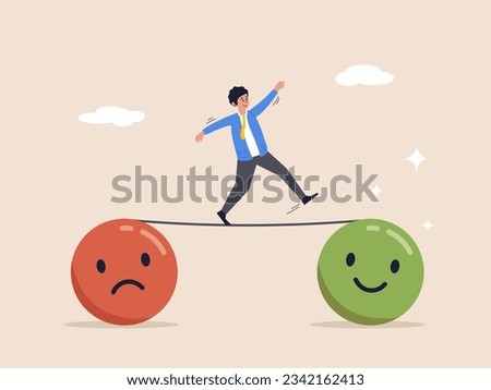 Bipolar disorder or mindful thinking concept. Relaxation make anxiety or stressed to happy, optimistic relief or metal illness therapy, depressed man walk the line from sadness to smile face.