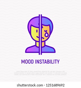 Bipolar disorder, mood instability thin line icon. One half of face is happy, other is crying. Modern vector illustration.