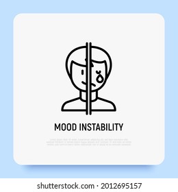 Bipolar disorder, mood instability thin line icon. Mental illness. One half of face is happy, other is crying. Vector illustration.