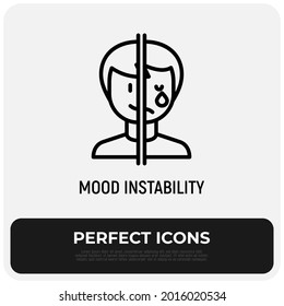 Bipolar disorder, mood instability thin line icon. Mental illness. One half of face is happy, other is crying. Vector illustration.