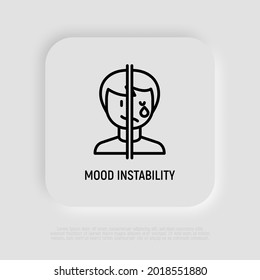 Bipolar disorder, mood instability thin line icon. Mental illness. One half of face is happy, other is crying. Vector illustration.