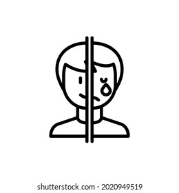 Bipolar disorder, mood instability thin line icon. Mental illness. One half of face is happy, other is crying. Vector illustration.