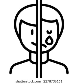 Bipolar disorder, mood instability thin line icon. Mental illness. One half of face is happy, other is crying. Vector illustration.