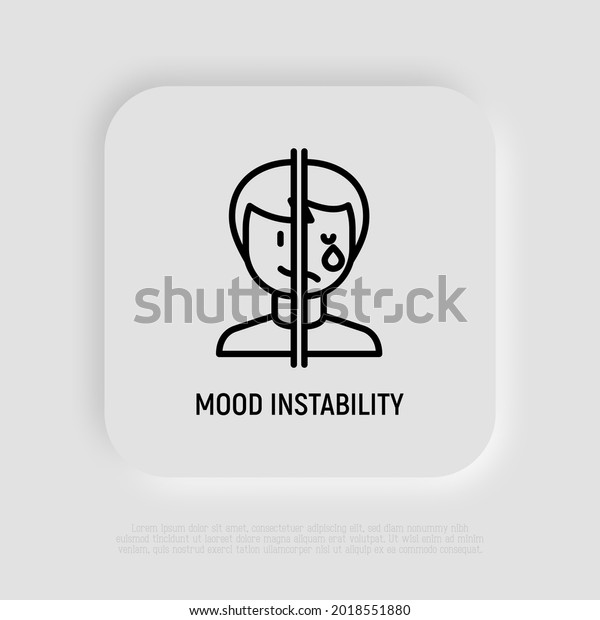 Bipolar disorder, mood instability thin
line icon. Mental illness. One half of face is happy, other is
crying. Vector
illustration.