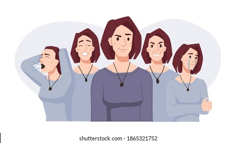 Bipolar disorder, mood swings, woman face expressions in different moods. Vector female happy and crying, in depression and stress, split of personality. Psychotherapy problems, positive and negative