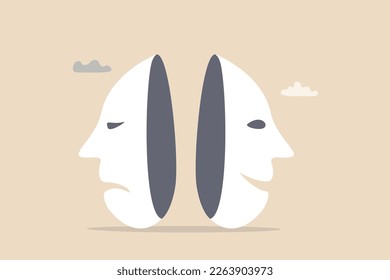 Bipolar disorder, multi personality or emotional intelligence, change feeling or mood, anxiety disease or depression concept, disguise mask face with one happy smiling and other sad and sorrowful.