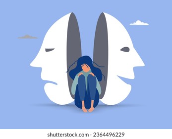 Bipolar disorder, multi personality or emotional intelligence, change feeling or mood, anxiety disease or depression concept, disguise mask face with one happy smiling and other sad and sorrowful.