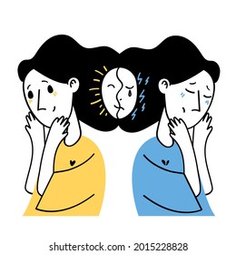 Trastorno bipolar. Pensamientos negativos y positivos. Optimista y pesimista. Personalidad dividida. Problemas de salud mental. Niña enferma infeliz. Ilustración vectorial plana 