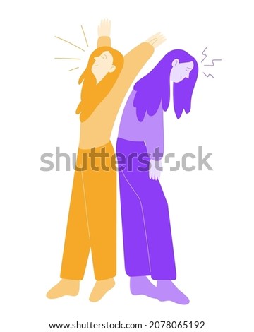 Bipolar disorder. Negative and positive thoughts. Optimist and pessimist. Split personality. Mental health problems. Unhappy sick girl. Flat vector illustration 
