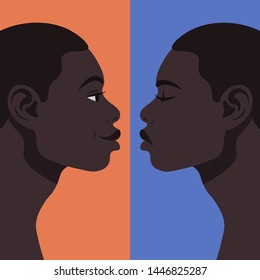 Bipolar Disorder. Portrait Of An African Man In Profile In Depression And In A Good Mood. Two Male Faces From The Side. Vector Illustration In Flat Style