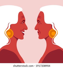 Bipolar Disorder. Portrait Of An Elderly Woman In Profile. Depression And Happiness. Two Female Faces On The Side. Vector Illustration In Flat Style