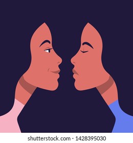 Bipolar disorder. Portrait of an Hispanic woman in profile in depression and in a good mood. Two female faces from the side. Vector illustration in flat style