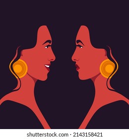 Bipolar disorder. Portrait of a Hispanic woman in profile in depression and in a good mood. Two female faces. Side view. Vector illustration in flat style